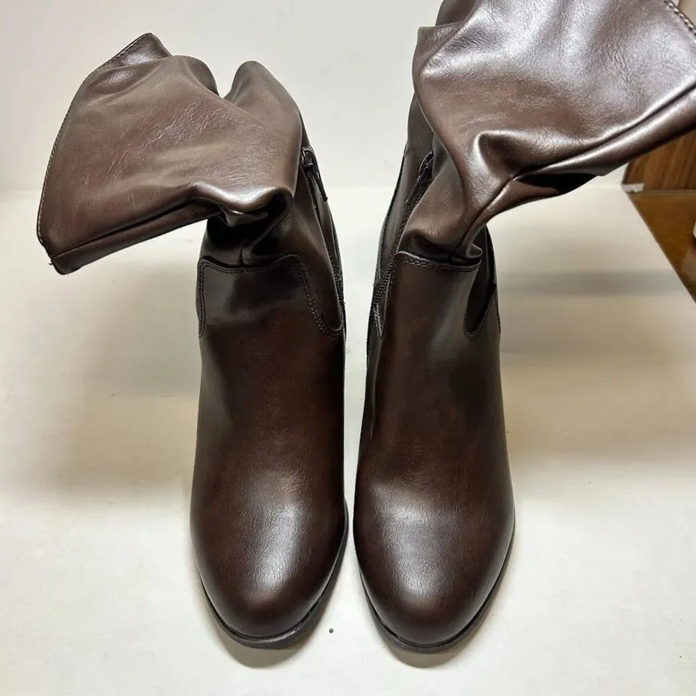 Style & Co Womens 7 M Brown Saraa Faux Leather Block Heel Boots DISPLAY QK9